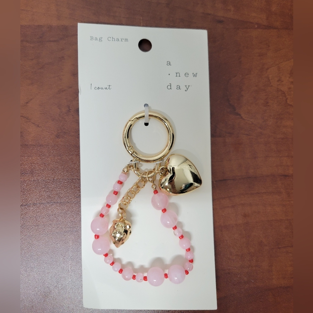 A New Day Pink and Gold Heart Bag Charm Nwt